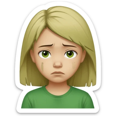 Young girl with straight, damaged, unkempt hair, wearing a green T-shirt, with a sad and discouraged expression on her face. sticker