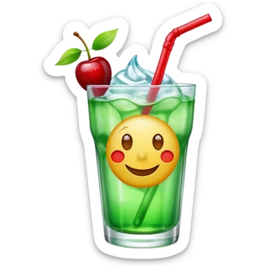 Create an emoji with a very clear rounded glass and ice, bright transparent green soda , a smooth vanilla scoop circle shape, a glossy red cherry, using vibrant colors, soft shading, and clear glass highlights.
 sticker