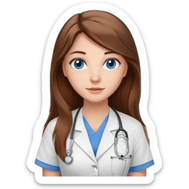 inside a classroom at university that says nursing school on the board with a pretty female nursing student with long brown hair, blue eyes sticker