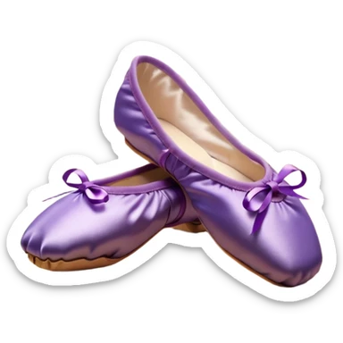 cinematic-realistic-ballet-shoes,-soft-satin-purple-pointe-shoes-with-delicate-ribbons,-resting-gently-on-a-polished-wooden-floor,-subtle-creases-in-the-fabric,-glowing-under-the-warm-golden-light-of-a-rehearsal-studio,-evoking-ele sticker