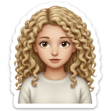 a dirty blonde girl with brown eyes and make her wearing a white sweater and  with really long curly hair and white skin color, long hair and really big lashes sticker