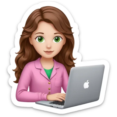 make a picture in ios 18 style of a white girl with brown long wavy hair and green eyes wearing pink pajamas and working on a laptop sticker