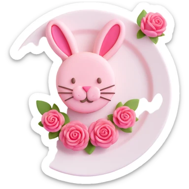 A cute bunny-shaped macaron dessert with pink frosting and a pink flower on its head, depicted in a 3D iOS style. The macaron should have a soft, rounded appearance with a slight shine, and be placed on a simple, elegant plate with pink roses around it. sticker