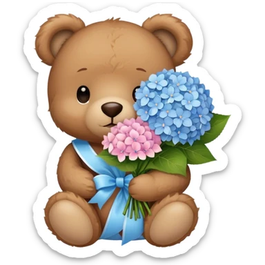 light brown teddy bear super cute holding a light pink and light blue bouquet of hydrangeas sticker