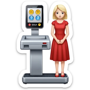 women is standing on weight check machine and she is sad because his weight is not ganaing sticker