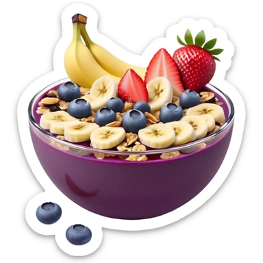A delicious açaí bowl with a smooth, deep purple base, topped with neatly arranged banana slices, fresh strawberries, blueberries, and granola. The bowl is simple and modern, with a clean, flat illustration style. No shadows or gradients, perfect for a minimal and modern aesthetic. sticker