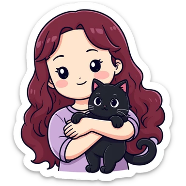 Girl with long wavy burgundy hair is Sad with tears, as shes holding one fat cat, black cat with all white paws and white belly sticker