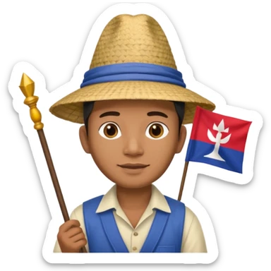 Cambodian man Tourist Guide with small cambodian flag in hand and traditional cambodian hat sticker