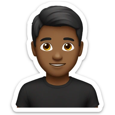Boy with straight brown hair, brown skin and black t-shirt sticker