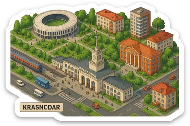 Изометричная миниатюрная фотореалистичная 3D модель панорамы Краснодара - вокзал Краснодар, КубГМУ, парк Краснодар со стадионом, краснодарские дома, автотранспорт четкие линии, яркие цвета, мультяшный реализм, люди, автотранспорт, компактная композиция, вид сверху в изометрии, прозрачный фон sticker
