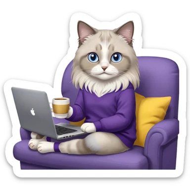a cute blue eyed brown and white ragdoll cat with white paws and brown and beige tail wearing the dark violet sweater with yellow letteting "Milena" sitting on a grey sofa with grey laptop branded lettering "Lenovo" and drinking coffee sticker