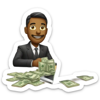 Rich and money near freelancer with laptop on the table sticker