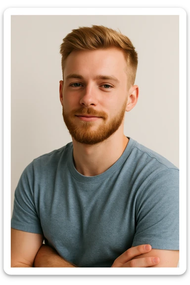 young blonde guy with a beard, modern haircut, relaxed pose, clean background sticker