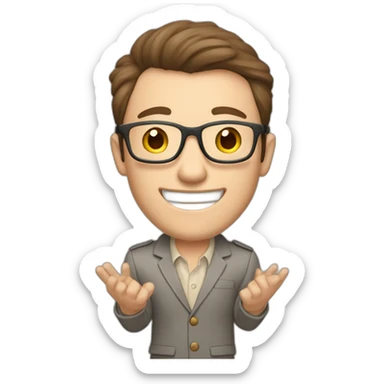 Joyful Celebrating victory Hands up Pale skinned Fit Man With dark brown hair in gray jacket, beige office shirt, Brown pants and vintage glasses sitting In a soft chair sticker