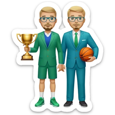 Full Body white plus size man  wearing glasses with a goatee with dirty blond short hair basketball head Coach in blue and green suit holding trophy sticker