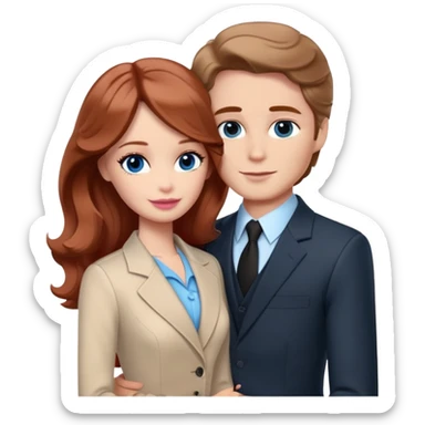 Barbie girl  , eyes blue , Chestnut red long wavy hair In pale beige clothes, Hugs a man with pale brown hair short haircut, brown eyes , and a black suit sticker