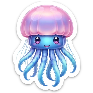 Cinematic floating kawaii jellyfish, tiny round body, soft glowing tentacles, pastel pink and blue hues, delicate sparkling highlights, dreamy and adorable. sticker