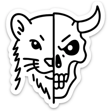 a red minimalist icon with sophisticated line art showing left half of stoat face with detailed fur merged with right half of minotaur skull with broken horn and glowing eye, no letter included, just the two halves meeting in the middle with precise detailed lines sticker