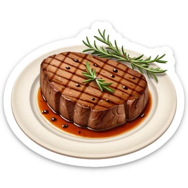 Draw a grilled steak on a plate with grill marks & rosemary garnish. sticker