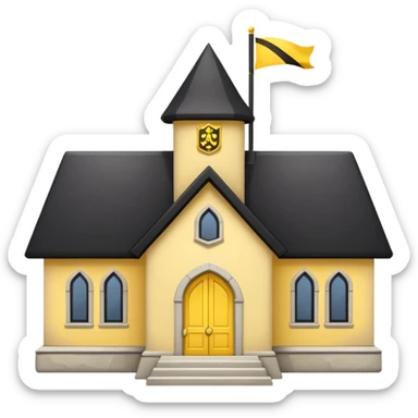 simple magic school, low detail, white background, magic school, black roof, with a big flag, big flag on a roof, big yellow flag, white school sticker