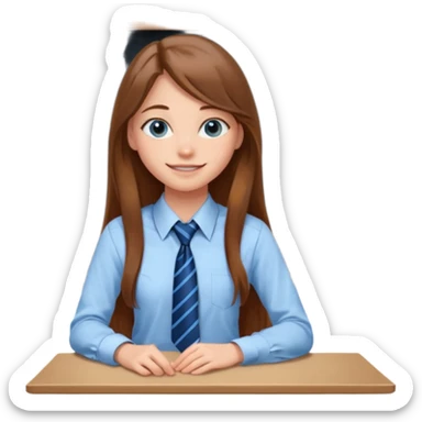 high school class room with a pretty female high school student with long brown hair, blue eyes, wearing a tie, sitting in front of the blackboard sticker