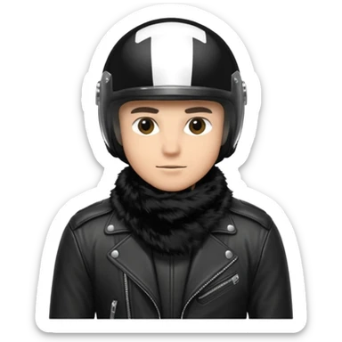 un homme avec un casque de moto totalement noir avec une écharpe en fourrure noir une chemise blanche et une jacket noir sticker