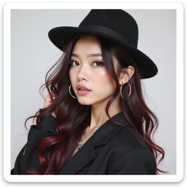 realistic portrait of a K-pop idol inspired by Blackpink, photorealistic style, bold stage makeup, trendy hairstyle, confident pose sticker