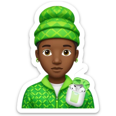 Create me an detailed emoji of a cool Young Nigerian prince wearing a neon green gradient African patterns with  a hat (a Nigerian-inspired patterned hat) and apple airpods sticker