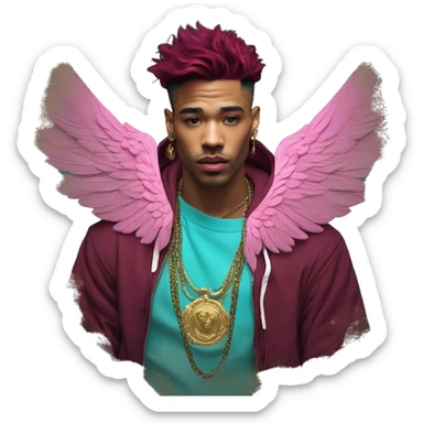 Vintage patina intricate swirls gold jewellery baroque raven wings angel tropical Deep pink maroon burgundy cyan dark hoodie man vitiligo dyed hair gold piercings nose piercing ear piercings sticker