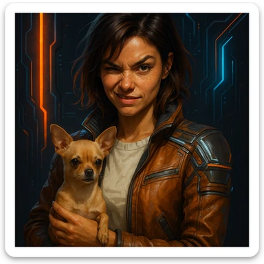 Portrait of a woman with tanned skin and subtle freckles, wearing a cream shirt and cognac jacket, medium-length brown hair with auburn highlights, rebellious and playful expression, futuristic style, holding a beige-brown chihuahua, dark background with neon lights, high-tech elements, metallic colors. sticker