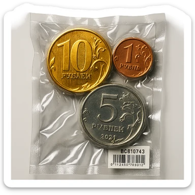 Russian coins, shiny and inflated, vacuum-sealed style sticker