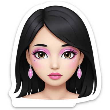 asian long black hair silver grey eyes glossy lips glittery white and pink eyeshadow girl sticker