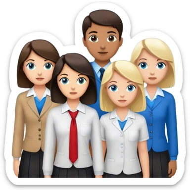 three girls and one boy dressed as teachers standing in front of a school board, two of the girls are brunettes and fair-skinned, one of them is blonde and fair-skinned with blue eyes and the boy has dark hair and medium skin tone sticker