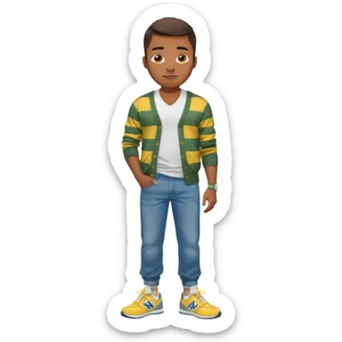 Handsome Black guy with brown skin tone, with lean muscular build, wearing baggy blue jeans, a white v-neck t-shirt, a yellow and green striped cardigan sweater, and grey new balance sneakers  sticker