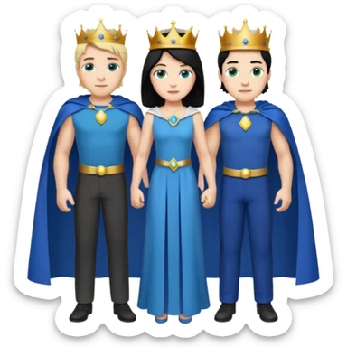 Prince with crown, blue cape and trousers, body and legs, black hair, blue eyes, woman blonde hair, green eyes, sexy white short sleveless dress,  sticker