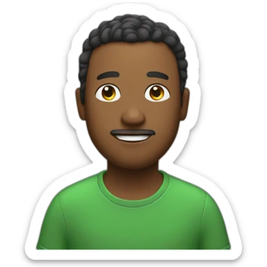 storyteller with a green t shirt and stars around his head sticker