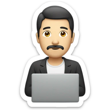 Asian man with mustache and beard in front of laptop sticker