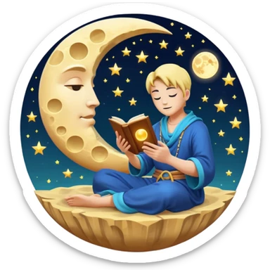 human mystic character reading alchemy book under giant floating moon sticker