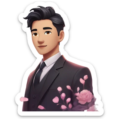 Gorgeous romantic anime style Asian formal modern gentlemanly guy with flowers and blushing face aesthetic trending style outside with colorful gradient bright light colors sticker