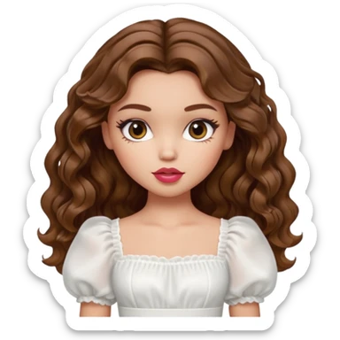 generate a pretty bratz girl with in a white puff sleeve top. lipgloss on . Brown wavy hair long.  sticker