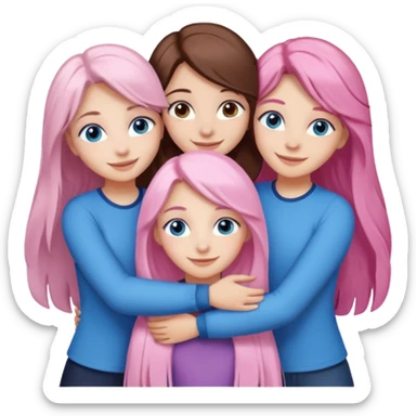 four white grips hugging and smiling    2 girls with brown eyes and long dark brown hair. One girl with long light pink hair and blue eyes, one girl with blue eyes and light blonde hair sticker