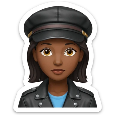 a leather Dom lesbian woman in her 40s with a black leather cap and black leather jacket sticker