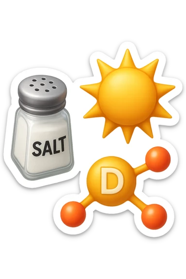 emoji stile iphone di una boccetta di sale, un sole, una particella chimica di VITAMINA D, IPERREALISTICO 4K sticker