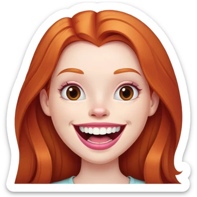 Young girl with pale skin, full pink lips smiling with big teeth, very long straight ginger red hair, bigger nose, deep brown eyes, big mouth sticker