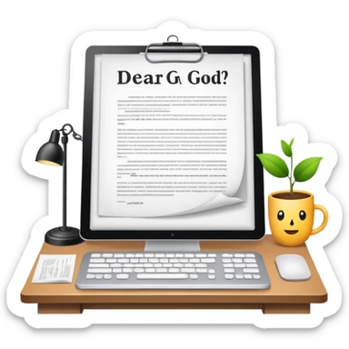 Desk with computer showing document that starts with "Dear God" sticker