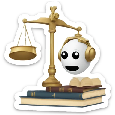 a balance of justice with a robot head on one side and a book on the other side sticker