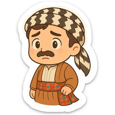 Create a chibi Kurdish cartoon sticker based on the reference image, showing a worried (concerned) expression, with a transparent background. sticker