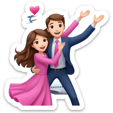  happy elegant beautiful girl flowy brown hair that is more valuable then corals excited to see the love of her life at the airport then the man lifts her up in the air embracing her this way she has pink lips sticker