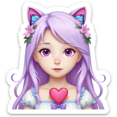 female anime character with pink eyes long white hair periwinkle highlights and cat ears on her head. She is wearing a white dress with purple flowers and butterfly. holding a heart sticker