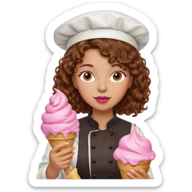 woman brown curly hair, chef, eating pink ice cream sticker